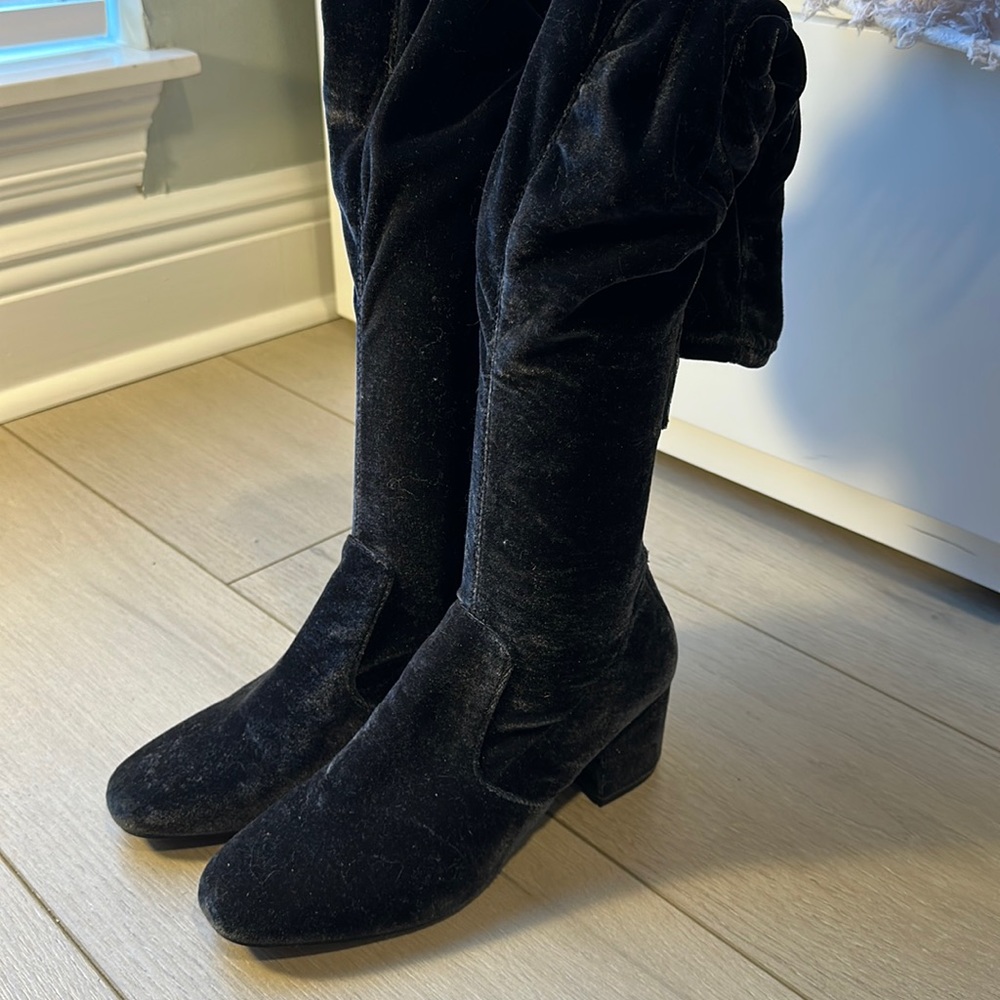 Velvet Over the Knee Block Heel Boots 7
